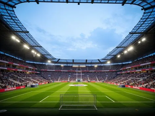 Sleek football stadium, curved rooflines, lightweight metallic frameworks, translucent canopies, open-air grandstands, vibrant team colors, lush green grass, athletic tracks, modern floodlights, eveni