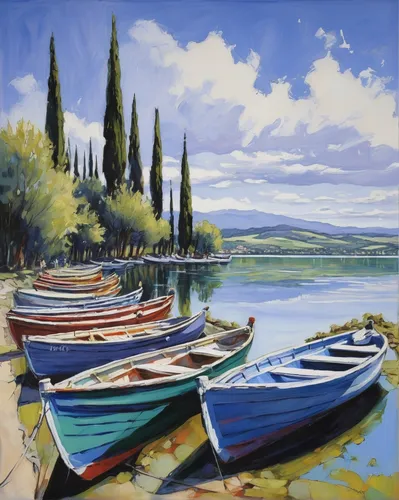 boat landscape,rowboats,lake garda,row boats,boats,fishing boats,boats in the port,wooden boats,regatta,sailing boats,canoes,italian painter,gondolas,lake santa fe,rowing boats,river landscape,small boats on sea,pedalos,lago di limides,sailboats,Illustration,Realistic Fantasy,Realistic Fantasy 33