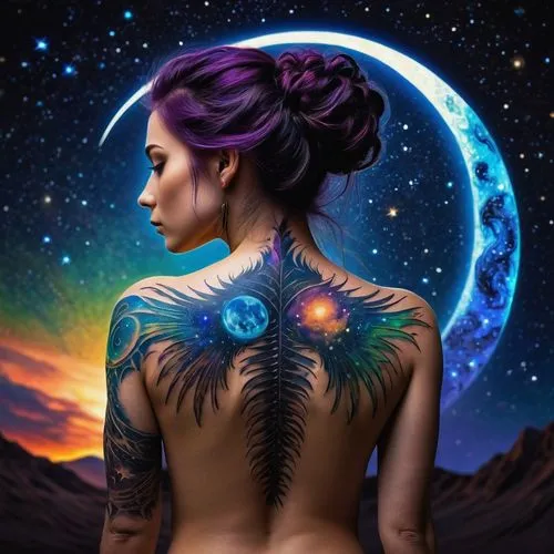 moondragon,purple moon,zodiac sign libra,neon body painting,bodypainting,zodiac sign gemini,fairie,fantasy art,body painting,dream catcher,moon and star background,bodypaint,fae,earth chakra,kundalini,body art,diwata,the zodiac sign taurus,fantasy picture,faerie,Illustration,American Style,American Style 12