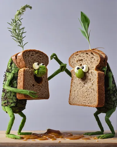 Write a humorous dialogue between two friends arguing over whether sprouted bread is a delicious and healthy option for breakfast.,sprouted bread,cucumber sandwich,grainau,sandwich,melt sandwich,sandw