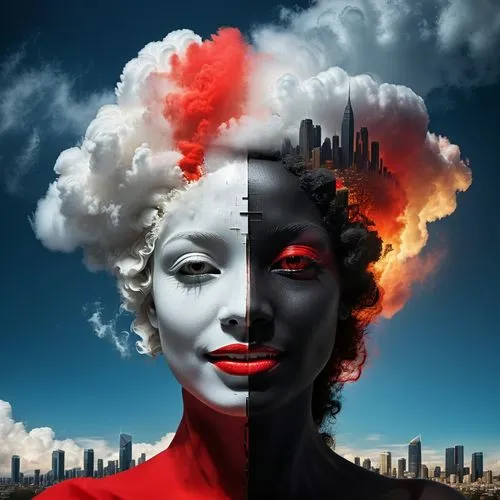 photo manipulation,apocalyptic,photomanipulation,image manipulation,heaven and hell,apocalypse,the pollution,bipolar,dystopias,pollution,photoshop manipulation,photomontage,dystopia,woman thinking,pandeism,exploding head,surrealism,implosion,rankin,photomontages,Conceptual Art,Fantasy,Fantasy 10