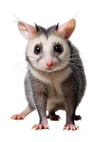 Opossum, North American species, nocturnal animal, grey fur, pointed snout, hairless prehensile tail, large eyes, erect ears, standing on hind legs, claws visible, white patches on forehead, soft focu