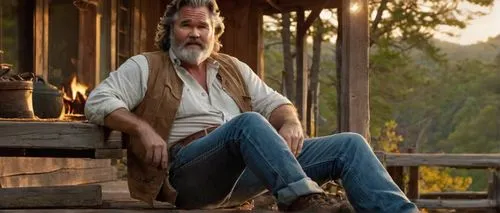 Middle-aged Kurt Russell, overweight, rugged facial features, gray hair messy and unkempt, thick beard, mustache, worn-out denim jeans, loose white shirt with rolled-up sleeves, leather belt, chunky b