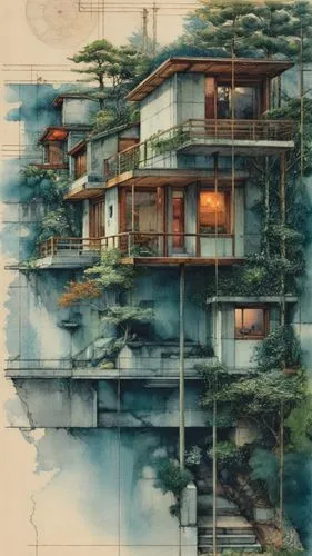 fallingwater,ryokan,asian architecture,treehouses,tree house,kundig,Illustration,Paper based,Paper Based 18