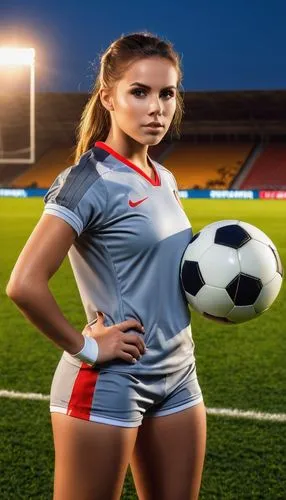 young women Wearing a gray female football player uniform Standing on the field near the soccer ball With a sexy pose At night there are spotlights shining from the field.,soccer player,sports girl,sp