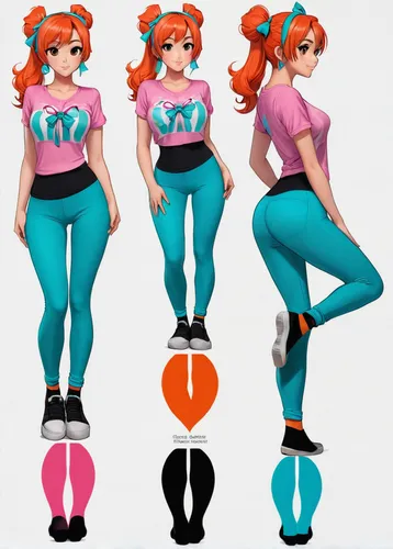 A beautiful buxom seductively dressed young girl, turquoise tight leggings, bow, pink hair, orange color t-shirt, (black socks), standing on toetips,3d figure,3d model,rockabella,vector girl,nora,sewi