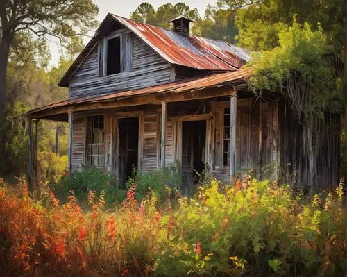 Old, worn, rustic architectural salvage, Alabama countryside, abandoned farmhouse, vintage wooden doors, distressed metal roofs, reclaimed barn wood, rusty metal accents, overgrown with vines and weed