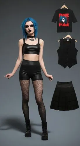 Paper doll 2d cartoon punk blue haired girl in black sleeveless shirt , black spandex shorts, complete full length fishnet and black punk knee Boots, standing surrounded by with a set of punk fashion 