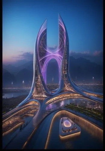 award winning architectural , body of water, competition, parametric skyscrapper futuristic, organic design, octane render, 8k ,an artistic looking building is shown in this rendering,futuristic archi