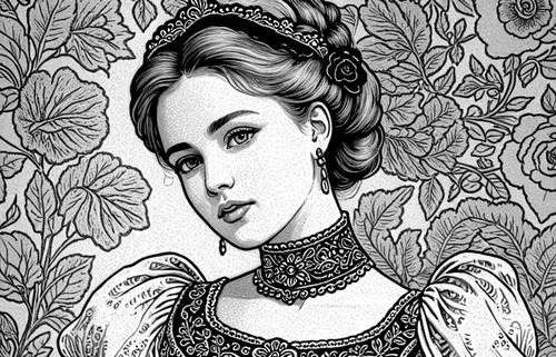 A highly detailed portrait of a young woman with an almost lifelike appearance, her head tilted slightly, with soft, contemplative eyes gazing indirectly at the viewer. She is adorned in an ornate, go