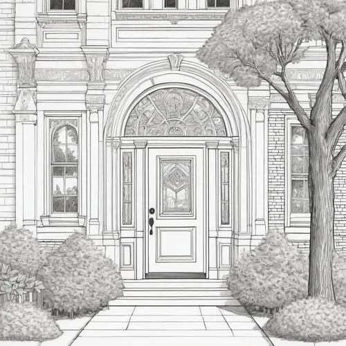 sketchup,facade painting,garden elevation,archways,rowhouses,brownstone,Illustration,Black and White,Black and White 13