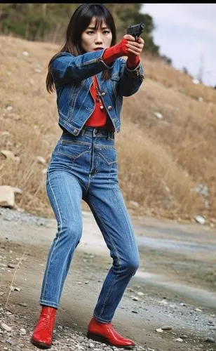 an asian thriller movie scene,a woman with a gun in one hand and a hat in the other,girl with gun,girl with a gun,woman holding gun,holding a gun,girl in overalls,yuhui,Photography,General,Cinematic