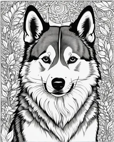 dog line art,dog illustration,coloring page,canidae,malamute,line art animal,Illustration,Black and White,Black and White 19