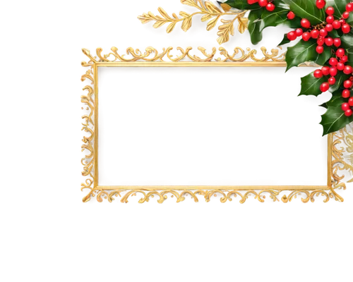 Festive Christmas border, golden frame, holly leaves, red berries, snowflakes, ornate swirls, intricate details, glossy finish, 3D effect, soft focus, warm lighting, panoramic view.,christmas frame,fr