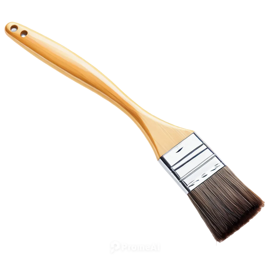 Paintbrush, outline, thin handle, rounded tip, synthetic bristles, metal ferrule, wooden handle, ergonomic grip, white paint stains, detailed texture, subtle shading, soft focus, 3/4 composition, natu