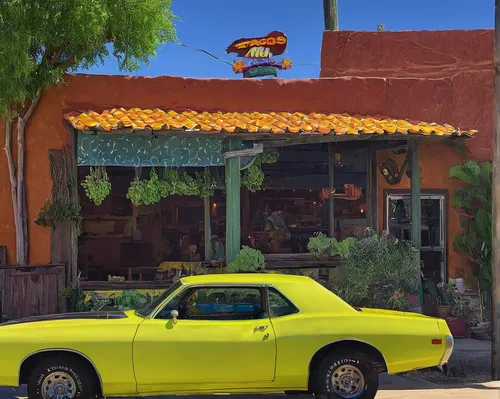 pioneertown,tucson,santa fe,albuquerque,dodge super bee,yellow car,amarillo,chevrolet delray,route 66,route66,sonoran,tex-mex food,new mexico,retro automobile,retro car,pontiac ventura,taco mouse,drive in restaurant,arizona,ford pinto,Conceptual Art,Oil color,Oil Color 16