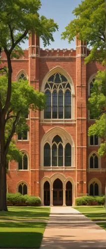 University of Oklahoma, Bizzell Library, Collegiate Gothic style, red brick building, white limestone trim, grand entrance, arched windows, tall columns, sprawling green lawn, mature trees, students w