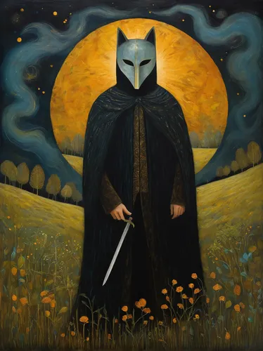 scythe,the order of the fields,grimm reaper,pilgrim,murder of crows,hooded man,grim reaper,king of the ravens,samurai,pall-bearer,archimandrite,fawkes mask,prophet,masquerade,swordsman,knife head,masked man,pagan,black crow,owl,Illustration,Abstract Fantasy,Abstract Fantasy 15
