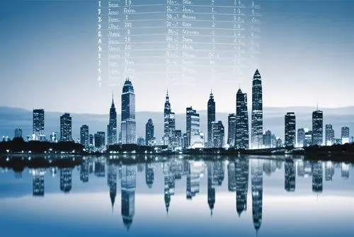 蓝绿色调,the cityscape shows some tall buildings over the water,city skyline,ctbuh,wallpaper dubai,blur office background,tall buildings,megacities