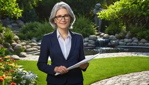 Landscape architect, professional attire, blazer, white shirt, tie, glasses, neat hair, mature lady, standing, holding certificate, outdoor garden, greenery, flowers, trees, natural stone pathway, mod