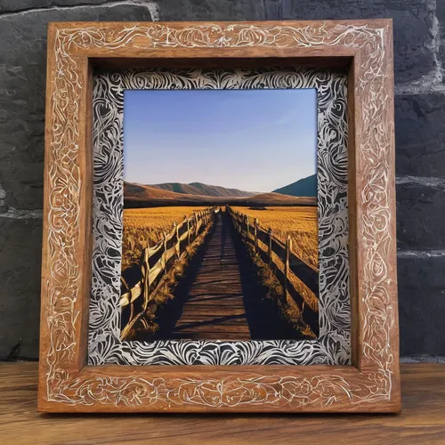 Create a rustic wooden photo frame with engraved patterns and a distressed finish.,fall picture frame,wooden frame,decorative frame,wood frame,copper frame,watercolor frame,framed paper,wedding frame,