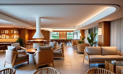 Restaurant lounge, modern mexican resort interior design, natural materials and textures, soft lighting, cove lighting on ceiling, wood ceiling,hotel lobby,contemporary decor,hyatt hotel,luxury home i