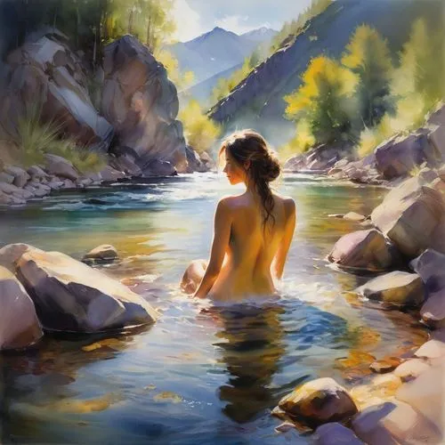 girl on the river,the blonde in the river,piddling,bather,mountain spring,thermal spring,hotsprings,bathing,donsky,water nymph,heatherley,flowing water,hotspring,mountain stream,river landscape,freshwater,naiad,acqua,world digital painting,oil painting,Illustration,Paper based,Paper Based 11