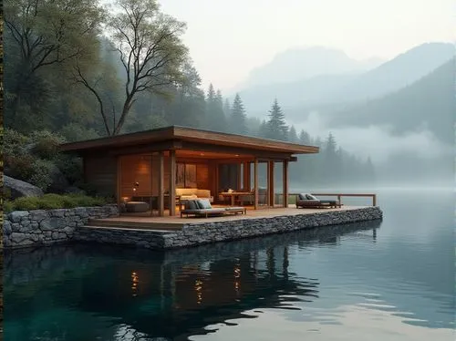 house with lake,house by the water,floating huts,pool house,summer house,summer cottage,tranquility,the cabin in the mountains,floating over lake,amanresorts,seclusion,seclude,secluded,calm water,house in the mountains,summerhouse,serenity,boat house,boathouse,beautiful lake,Photography,General,Realistic