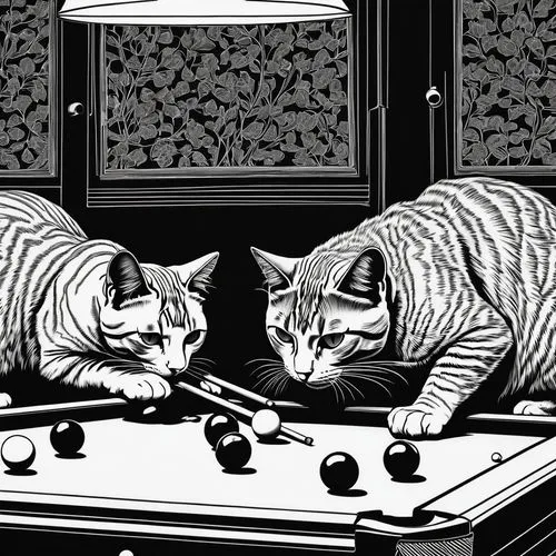 vintage cats,cats playing,billiards,english billiards,pocket billiards,snooker,cat line art,billiard,bar billiards,two cats,cat cartoon,carom billiards,felines,billiard table,billiard ball,pool player,david bates,cats,escher,game illustration,Illustration,Black and White,Black and White 19