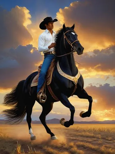 Lowrider horse, majestic stallion, shiny black coat, muscular body, flowing mane, gleaming eyes, gold horseshoe, decorated saddle, rider in cowboy hat, blue jeans, white shirt, holding reins, riding i