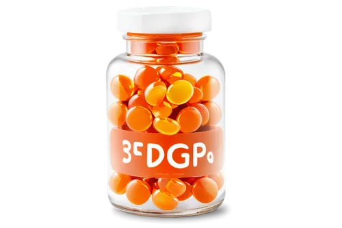 Pill bottle, transparent glass, orange pills, rounded shoulders, white cap, detailed label, shiny surface, solo, centered composition, soft focus, warm color tone, realistic texture.,pedigreed,pgd,dgp