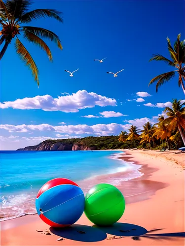 Summer landscape, vibrant colors, clear blue sky, fluffy white clouds, sun shining brightly, palm trees swaying gently, beach balls scattered, seagulls flying overhead, warm sandy beach, crystal-clear