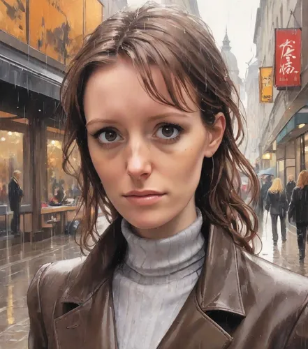 city ​​portrait,digital painting,girl portrait,world digital painting,in the rain,oil painting,portrait of a girl,woman portrait,the girl's face,walking in the rain,romantic portrait,oil painting on canvas,pedestrian,young woman,woman at cafe,artist portrait,moody portrait,portait,face portrait,the girl at the station,Digital Art,Comic