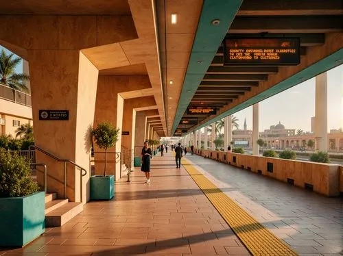 \Vibrant desert metro station, sandy beige walls, turquoise accents, burnt orange signage, terracotta flooring, natural stone columns, modern angular architecture, sleek metal handrails, glowing LED l