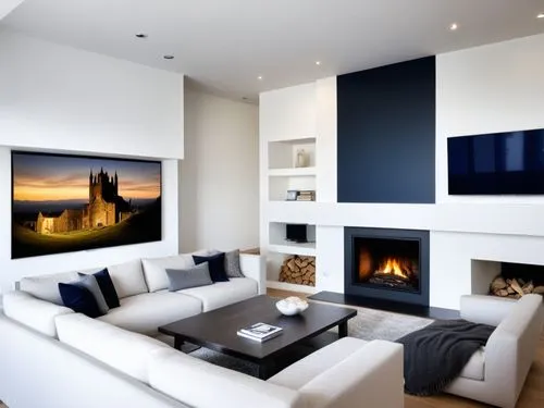 There is a large TV above the fireplace.  A large comfortable U shaped SOFA is facing the fireplace.,a modern living room has white furniture and art,modern living room,fire place,modern decor,contemp