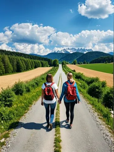 Birgit to Sabina: “Oh please, take me with you on your big journey!”,two people walking down a road to the mountains,online path travel,buencamino,backpackers,ecotourists,travel insurance,aaaa,Photogr