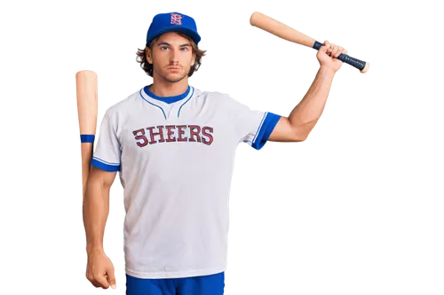 Baseball player, male, athletic build, wearing baseball jersey, white sleeves, blue body, red logo on chest, baseball cap, messy brown hair, determined facial expression, muscular arms, clenched fists