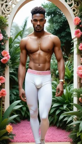 The scene is set in a lush garden, with vibrant flowers and herbs growing in the gentle breeze. A African chad Student top Model muscular adonis men with men perfect body and wearing white latex gloss