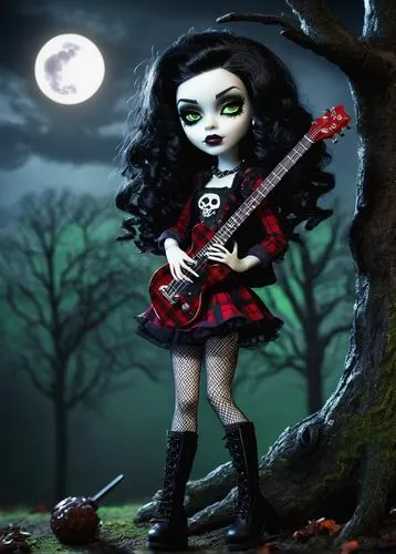 Frankie Stein, Monster High student, cute teenage monster girl, curly black hair with white streaks, pale skin, green eyes, bold eyeliner, Gothic makeup, black and red plaid skirt, fishnet stockings, 