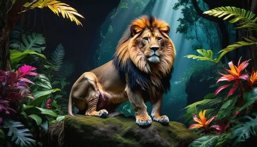 forest king lion,king of the jungle,african lion,panthera leo,kion,male lion,fantasy animal,female lion,lion,aslan,digital painting,tropical animals,world digital painting,male lions,kovu,lionni,leonine,felidae,tarzan,mufasa,Photography,Artistic Photography,Artistic Photography 02