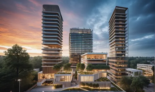 high angle shot from above, photo of three buildings during sunset. The buildings has white concrete, wooden sunshades, glazed facades and a lot of vegetation. There are incandescent lightbulbs around