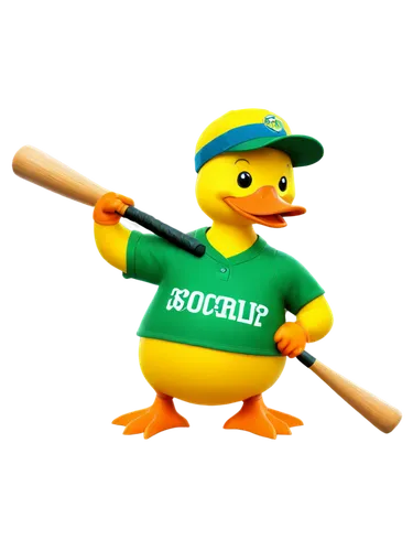 Yellow duck, sports logo, cartoon style, smiling face, bright eyes, green hat, sports jersey, baseball bat, soccer ball, basketball, tennis racket, dynamic pose, 3/4 composition, vibrant colors, gradi