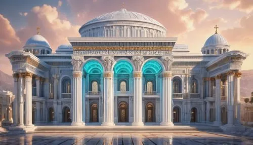 Ancient Greek architecture, Doric columns, ornate carvings, detailed stone walls, grand entrance, Roman arches, Baroque ornaments, Gothic spires, Renaissance-inspired fountains, modern skyscraper glas