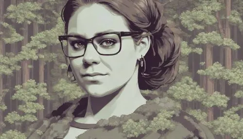 a woman with glasses is staring ahead,pam trees,nabiullina,shelkovskaya,comic halftone woman,chukovskaya,didrikson,Digital Art,Pixel