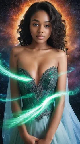 As the universe swirls around the hall, a radiant aura emanates with a fiery green hue, radiating with a radiant energy that radiates like diamonds. Surrounding her, a single ear and piercing blue eye