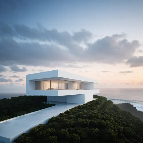 Fran Silvestre White minimalist architecture,  real minimal design elements, rendering, Light Uspscaler at Finish tropical landscape puerto rico ocean views at horizon realistic architecture and views