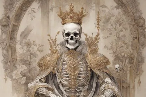 skull statue,skull with crown,vanitas,skull sculpture,day of the dead skeleton,skeletal,skeleton,vintage skeleton,skull bones,lich,human skeleton,pontiff,skelid,dead bride,death god,memento mori,beheshti,vecna,skull allover,calavera,Digital Art,Ink Drawing