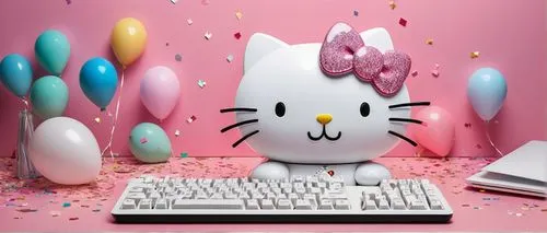 Black background, Hello Kitty theme, 3D illustration, cute cartoon style, iconic white kitty face, bright pink bow, shiny whiskers, sparkly eyes, colorful confetti, balloons, and streamers, minimalist