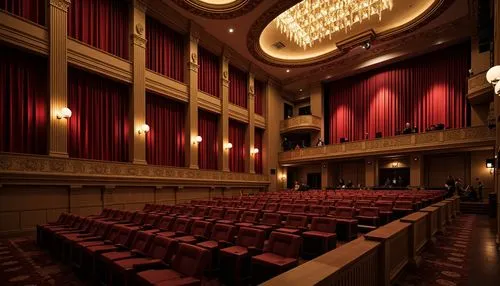 Luxurious theater interior, velvet curtains, ornate chandeliers, tiered seating, comfortable cushioned chairs, ample legroom, optimized sightlines, unobstructed views, intimate atmosphere, rich wood a