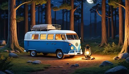 {
  "prompt": "A serene night camping scene featuring a vintage blue van parked in a forest clearing. The van has warm, inviting lights glowing from inside, creating a cozy atmosphere. In front of the